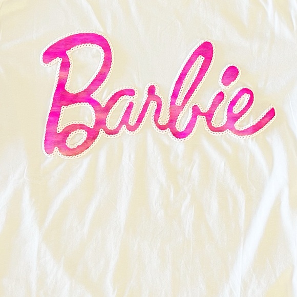 NEW Runway Paris Barbie Cursive White & Hot Pink Sparkly Allover Sequin T-Shirt - Picture 3 of 4